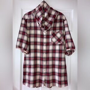 vince. Red, Black, White Plaid Button Down Cotton Tunic L